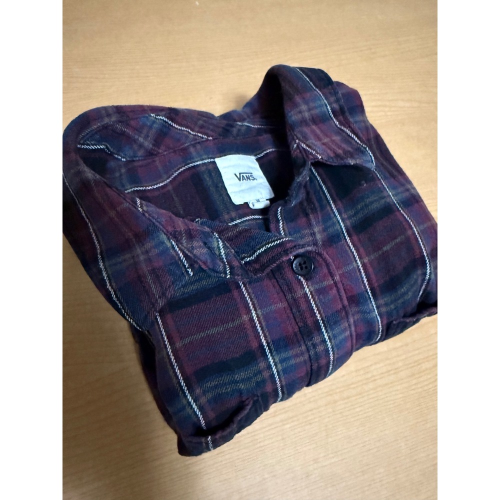 Vans Womens Plaid Flannel Shirt Burgundy Navy Long Sleeve Button Down Medium